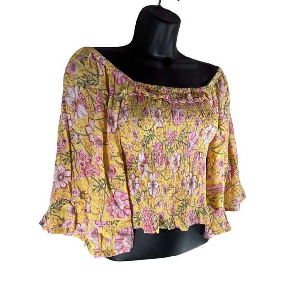 BILLABONG Be My Babe Crop Top Sz L Yellow Floral Bell Sleeve Square Neck Viscose - Picture 7 of 11